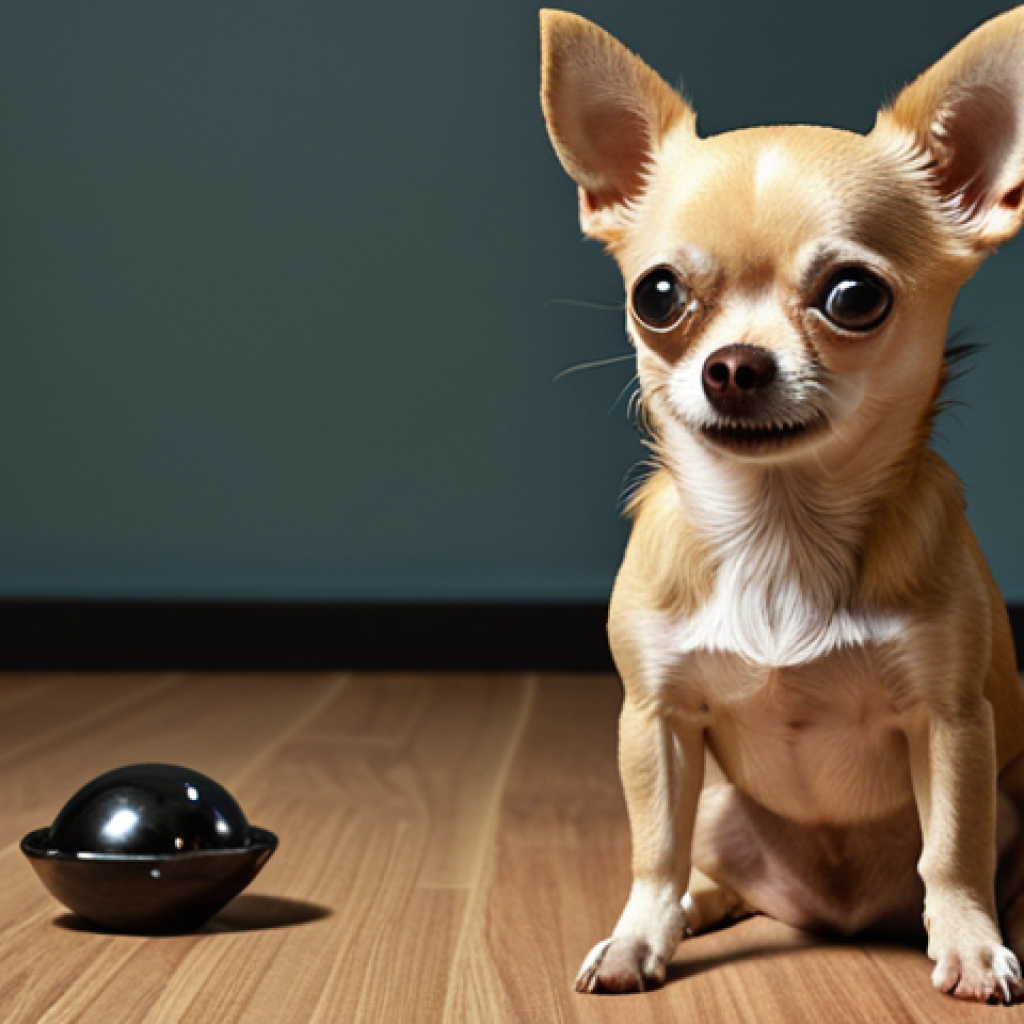 ** A small Chihuahua looking scared, with a new or unfamiliar object in the background.  Emphasis on conveying fear and insecurity.

**