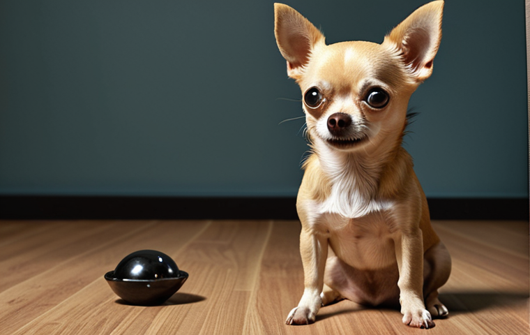** A small Chihuahua looking scared, with a new or unfamiliar object in the background.  Emphasis on conveying fear and insecurity.

**