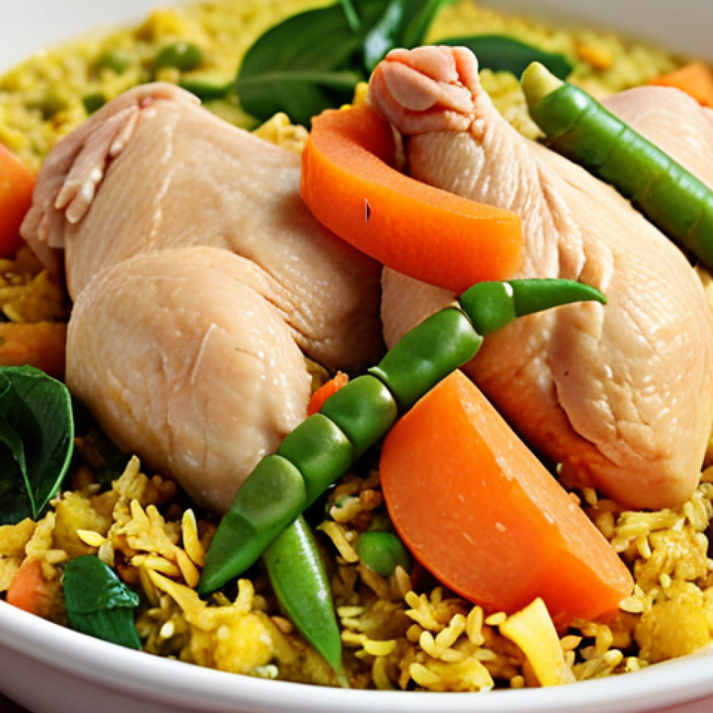 **
A vibrant, close-up shot of freshly prepared "Murghi and Sabji Khichuri" (chicken and vegetable khichuri) in a bowl. Steaming slightly, the khichuri shows visible pieces of chicken, carrots, peas, and spinach mixed with brown rice. Focus on appetizing textures and colors.
**