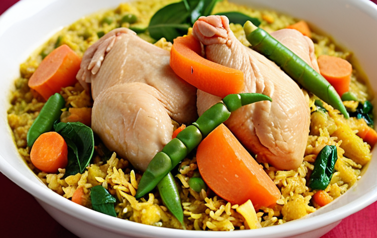 **

A vibrant, close-up shot of freshly prepared "Murghi and Sabji Khichuri" (chicken and vegetable khichuri) in a bowl. Steaming slightly, the khichuri shows visible pieces of chicken, carrots, peas, and spinach mixed with brown rice. Focus on appetizing textures and colors.

**