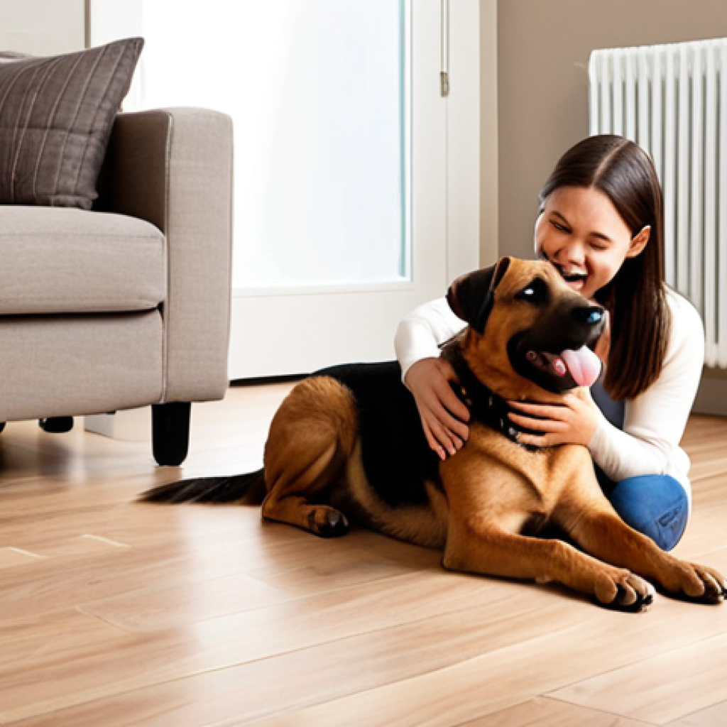 A warm and inviting indoor scene featuring a person (of diverse appearance) happily interacting with their pet dog. The environment is visibly clean and well-maintained, with smooth flooring (e.g., hardwood or tiles) and minimalist decor, subtly hinting at an allergy-friendly home. A modern air purifier might be visible in the background. The person is gently petting or playing with the dog, expressing a sense of comfort and joy, illustrating successful coexistence despite pet allergies by understanding the real causes like dander and proteins, rather than just breed. The dog looks calm and content.