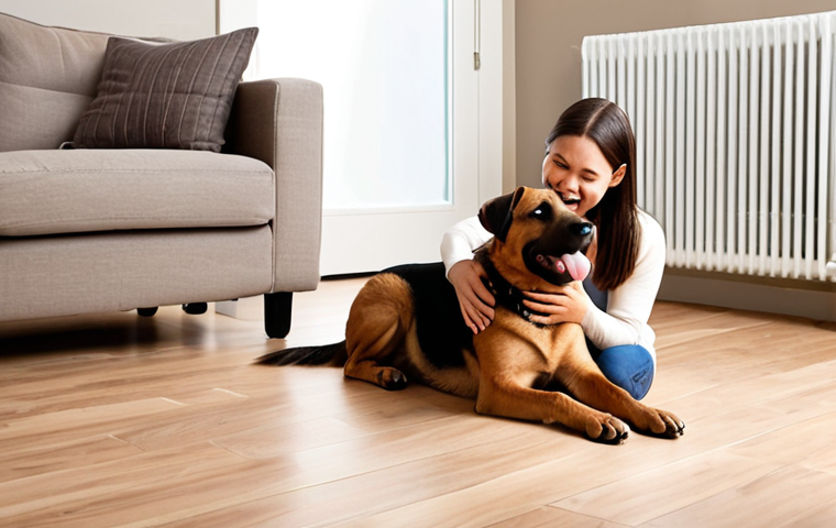 A warm and inviting indoor scene featuring a person (of diverse appearance) happily interacting with their pet dog. The environment is visibly clean and well-maintained, with smooth flooring (e.g., hardwood or tiles) and minimalist decor, subtly hinting at an allergy-friendly home. A modern air purifier might be visible in the background. The person is gently petting or playing with the dog, expressing a sense of comfort and joy, illustrating successful coexistence despite pet allergies by understanding the real causes like dander and proteins, rather than just breed. The dog looks calm and content.