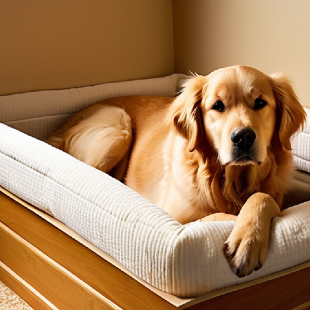 A serene and calm pregnant Golden Retriever resting comfortably in a soft, cozy whelping box, her belly noticeably rounded. Soft, warm lighting fills the scene, and a caring human hand is gently placed on her side, showing affection and anticipation. The atmosphere is peaceful and nurturing.