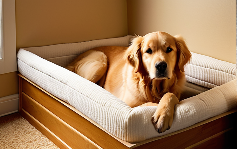 A serene and calm pregnant Golden Retriever resting comfortably in a soft, cozy whelping box, her belly noticeably rounded. Soft, warm lighting fills the scene, and a caring human hand is gently placed on her side, showing affection and anticipation. The atmosphere is peaceful and nurturing.