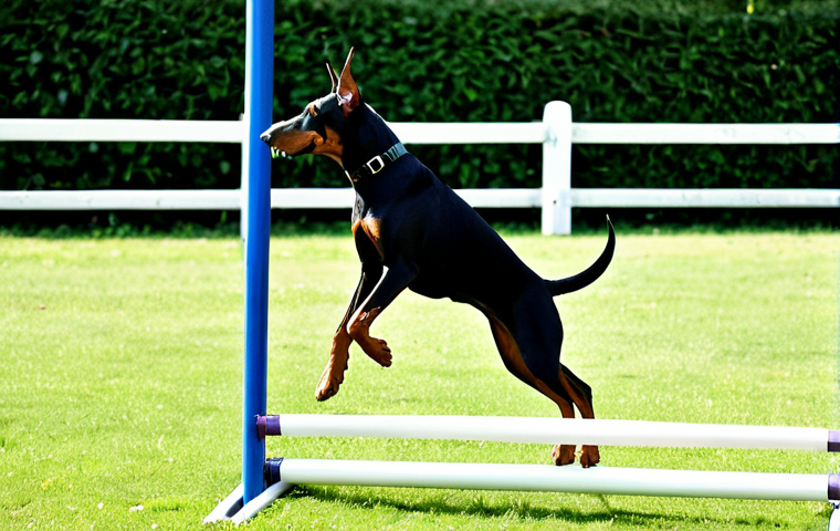Doberman**

"A fully clothed, professional dog trainer working with a Doberman in an agility course, demonstrating a jump. The Doberman is focused and athletic, wearing a well-fitted harness. Bright, sunny day in a park setting. Safe for work, appropriate content, perfect anatomy, natural pose, high quality photography, family-friendly."

**
