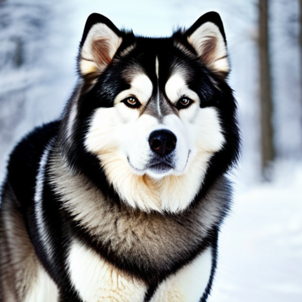 Malamute Portrait**

"A majestic Alaskan Malamute, thick fur, curled tail, looking directly at the viewer, standing in a snowy forest, soft natural lighting, safe for work, appropriate content, fully clothed dog (implied), professional, perfect anatomy, correct proportions, family-friendly."

**