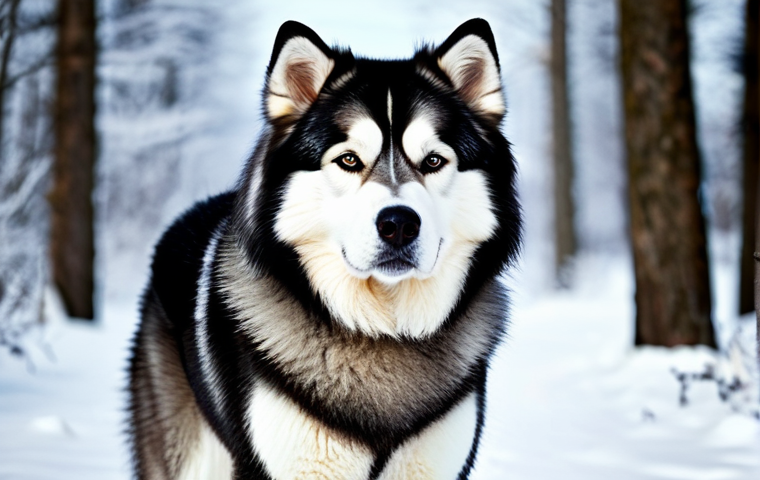 Malamute Portrait**

"A majestic Alaskan Malamute, thick fur, curled tail, looking directly at the viewer, standing in a snowy forest, soft natural lighting, safe for work, appropriate content, fully clothed dog (implied), professional, perfect anatomy, correct proportions, family-friendly."

**