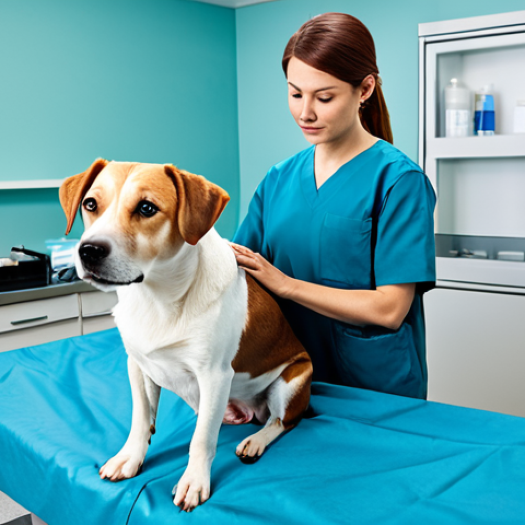 강아지 독감 예방 - "A veterinarian examining a fully clothed and relaxed dog, demonstrating a safe and professional hea...