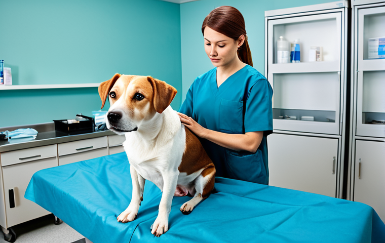 강아지 독감 예방 - "A veterinarian examining a fully clothed and relaxed dog, demonstrating a safe and professional hea...