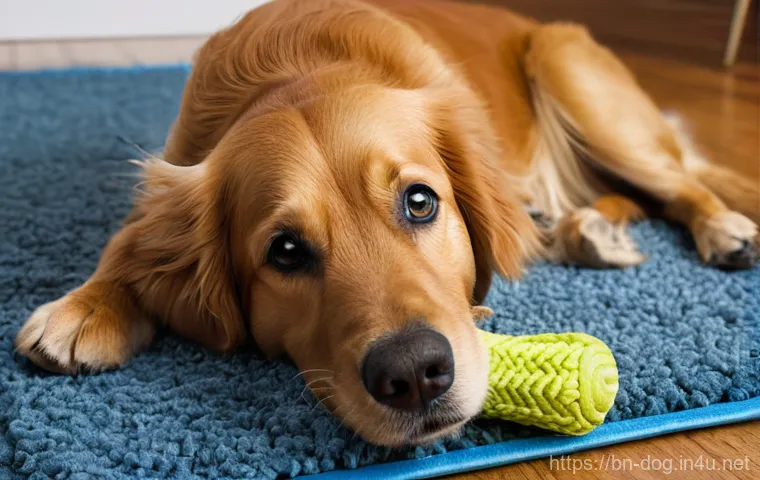 강아지 장난감 추천 - **Prompt:** A happy, medium-sized Golden Retriever, about 2 years old, is comfortably lying on a sof...