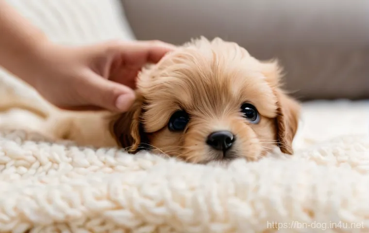 치와와와 푸들의 교배 - A heartwarming scene featuring a small, fluffy Chipoo puppy with soft, curly, light brown fur and ex...