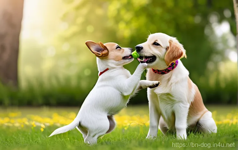 잭 러셀 훈련법 - **Prompt 1: Playful Puppy Socialization in a Park**
"A vibrant, high-definition image of a two-m...