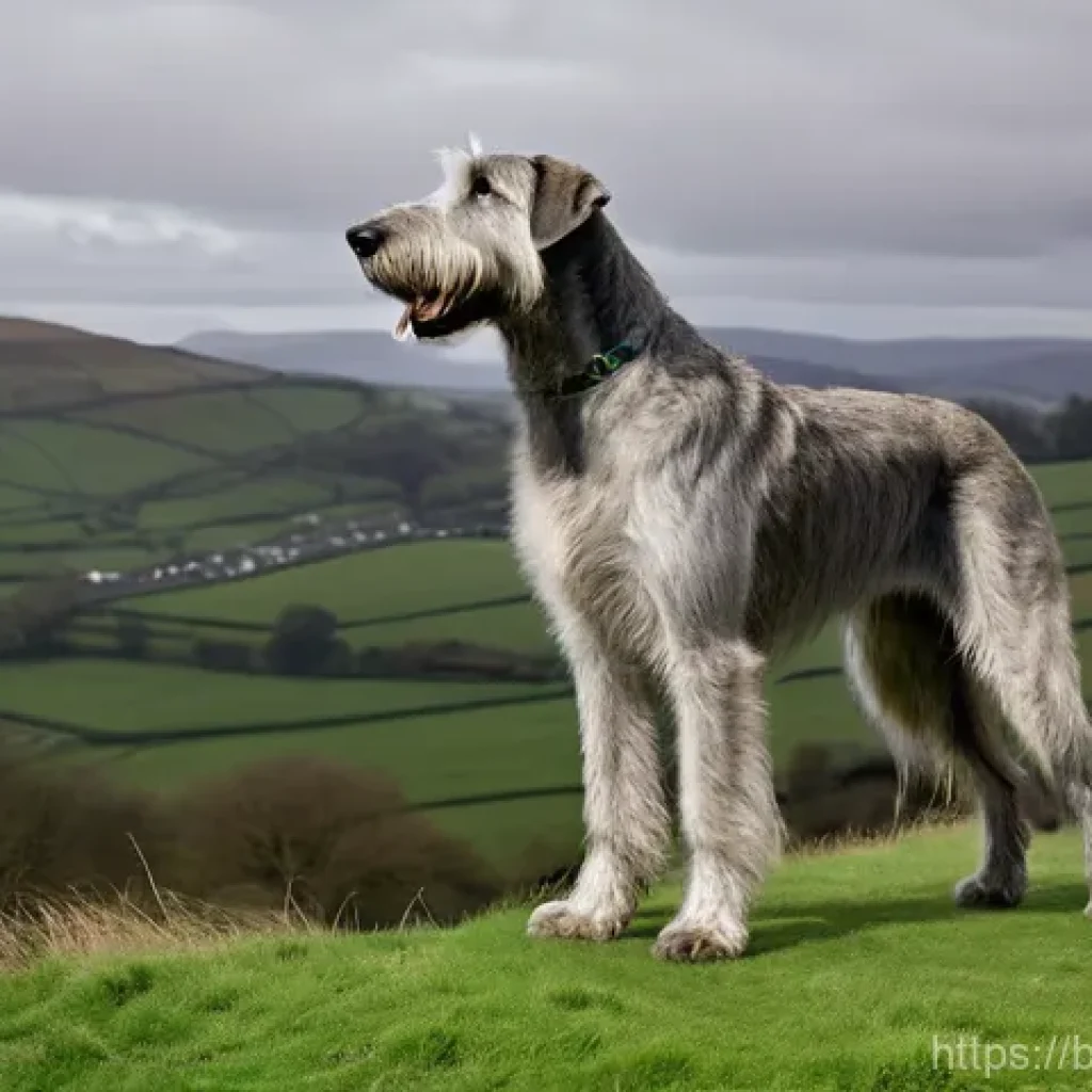 아이리쉬 울프하운드 크기 - **Prompt:** A magnificent, full-grown Irish Wolfhound standing proudly on a lush, emerald green hill...
