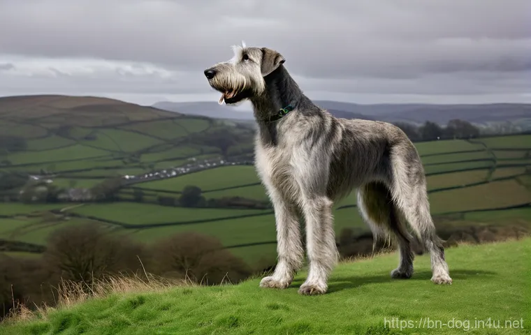 아이리쉬 울프하운드 크기 - **Prompt:** A magnificent, full-grown Irish Wolfhound standing proudly on a lush, emerald green hill...