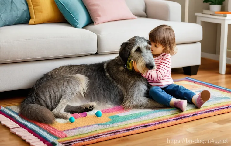아이리쉬 울프하운드 크기 - **Prompt:** A magnificent, full-grown Irish Wolfhound standing proudly on a lush, emerald green hill...