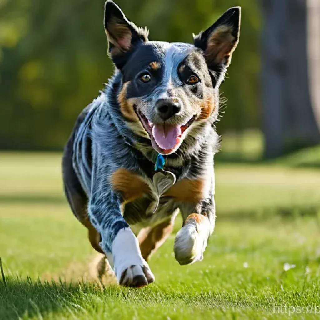 블루힐러의 활동량 - A highly energetic Blue Heeler in mid-stride, joyfully chasing a frisbee in a vibrant, sunlit park. ...