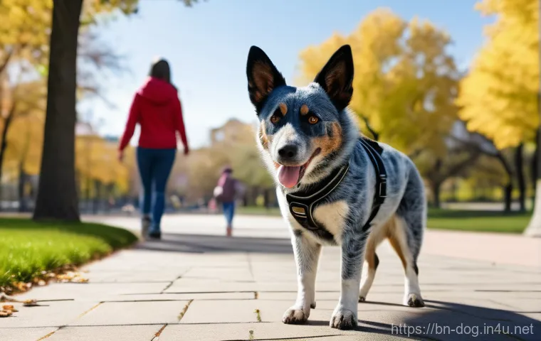 블루힐러의 활동량 - A clever Blue Heeler intently solving a dog puzzle toy, with its owner gently guiding it with an enc...
