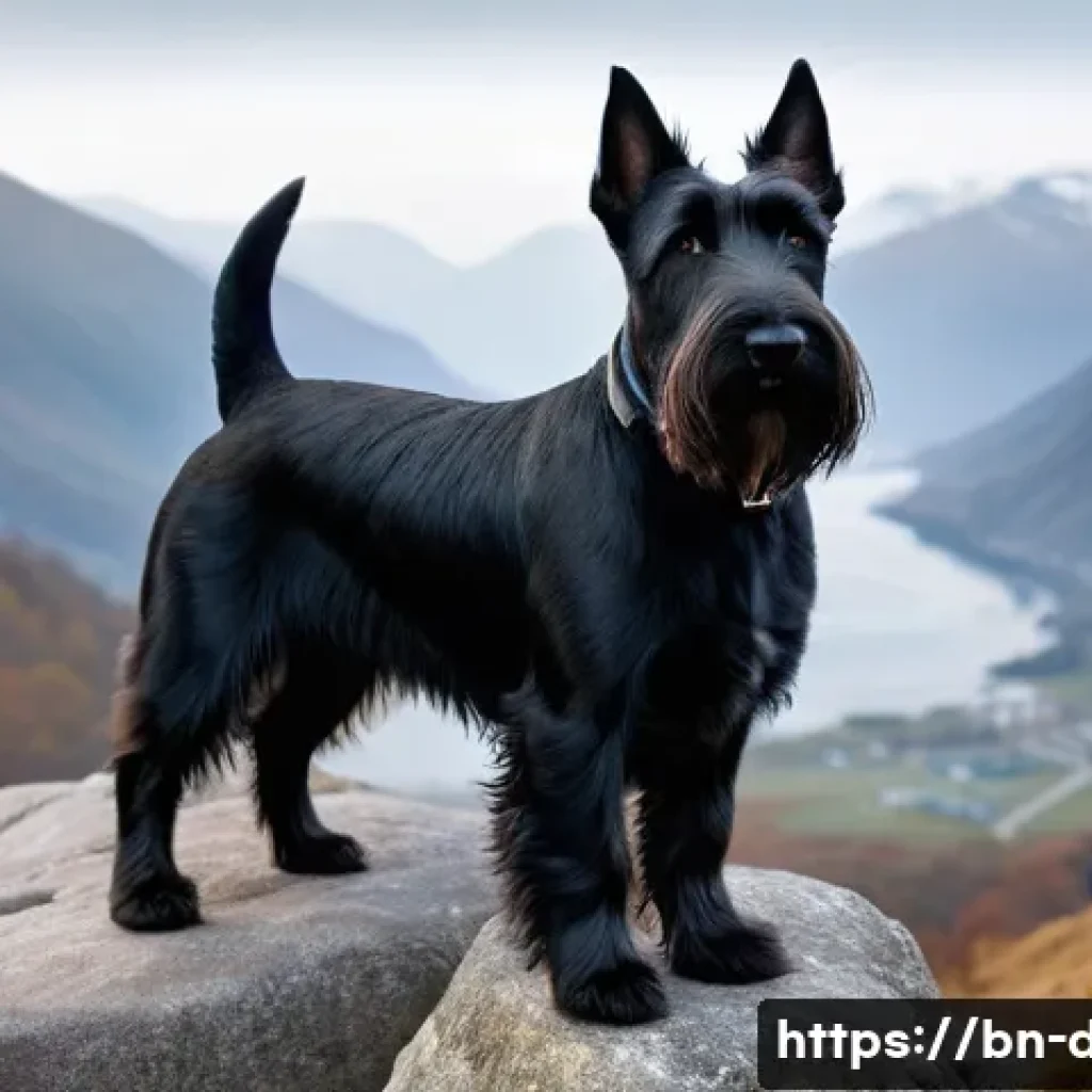 스코티시 테리어의 유래 - A sturdy Scottish Terrier standing proudly on a rocky hillside, showcasing its medium-sized, compact...