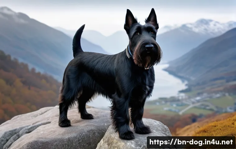 스코티시 테리어의 유래 - A sturdy Scottish Terrier standing proudly on a rocky hillside, showcasing its medium-sized, compact...