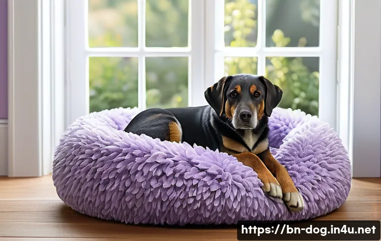 강아지 스트레스 해소법 - A cozy, safe indoor corner designed specifically for a Bengali-speaking dog owner’s home, featuring ...