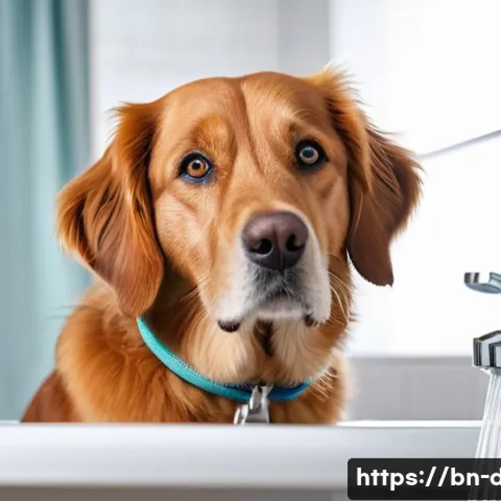 강아지 종합관리 체크리스트 - A well-groomed adult dog wearing a comfortable collar, getting a gentle bath in a clean, bright bath...