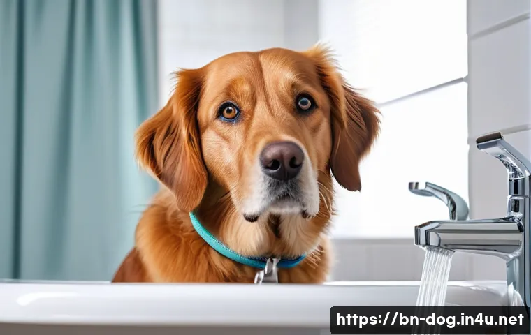 강아지 종합관리 체크리스트 - A well-groomed adult dog wearing a comfortable collar, getting a gentle bath in a clean, bright bath...