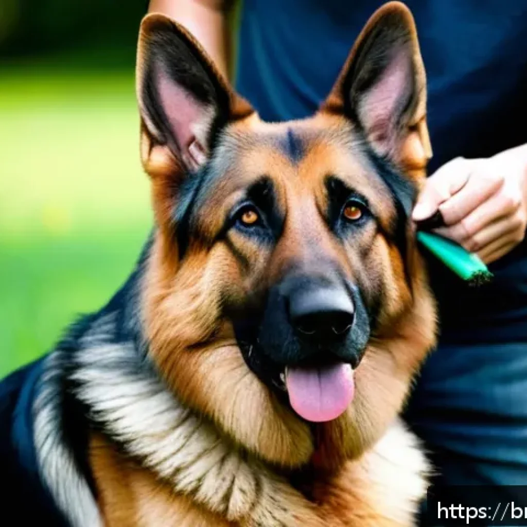 저먼 셰퍼드의 털 관리 - A well-groomed German Shepherd dog outdoors, wearing a clean collar, its thick double coat shiny and...