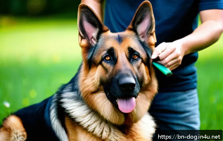 저먼 셰퍼드의 털 관리 - A well-groomed German Shepherd dog outdoors, wearing a clean collar, its thick double coat shiny and...