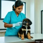 Home 22 강아지 입양 전 확인 사항 - A caring veterinarian performing a comprehensive health checkup on a young Bengali dog puppy wearing...