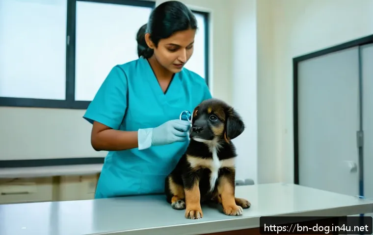 강아지 입양 전 확인 사항 - A caring veterinarian performing a comprehensive health checkup on a young Bengali dog puppy wearing...