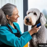 Home 21 베들링턴 테리어 털 관리 - A detailed scene of a well-groomed Bedlington Terrier dog indoors, wearing a stylish collar, being b...