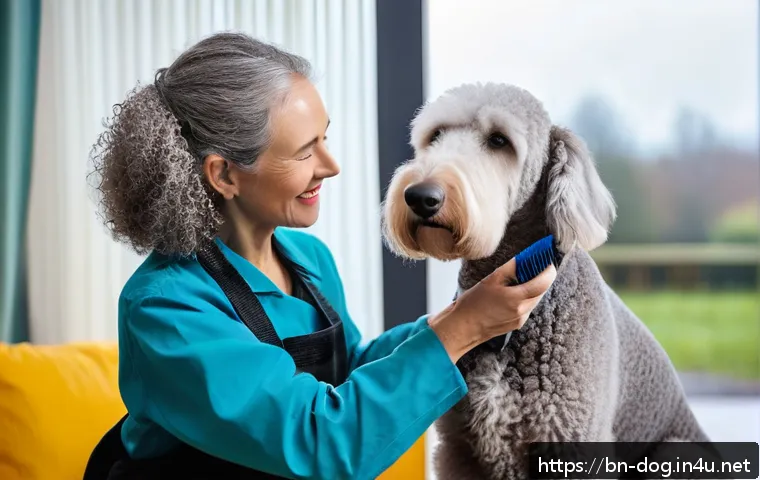 베들링턴 테리어 털 관리 - A detailed scene of a well-groomed Bedlington Terrier dog indoors, wearing a stylish collar, being b...