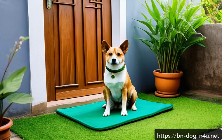 강아지 배변 훈련 - A cozy and clean outdoor corner of a Bengali household garden designed as a dog toilet training spot...