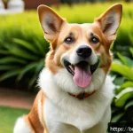 Home 19 강아지 관련 도서 추천 - A detailed scene of a happy adult dog wagging its tail slowly with upright ears and bright eyes, sho...