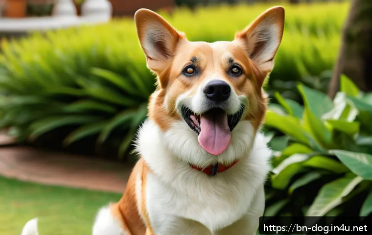 강아지 관련 도서 추천 - A detailed scene of a happy adult dog wagging its tail slowly with upright ears and bright eyes, sho...