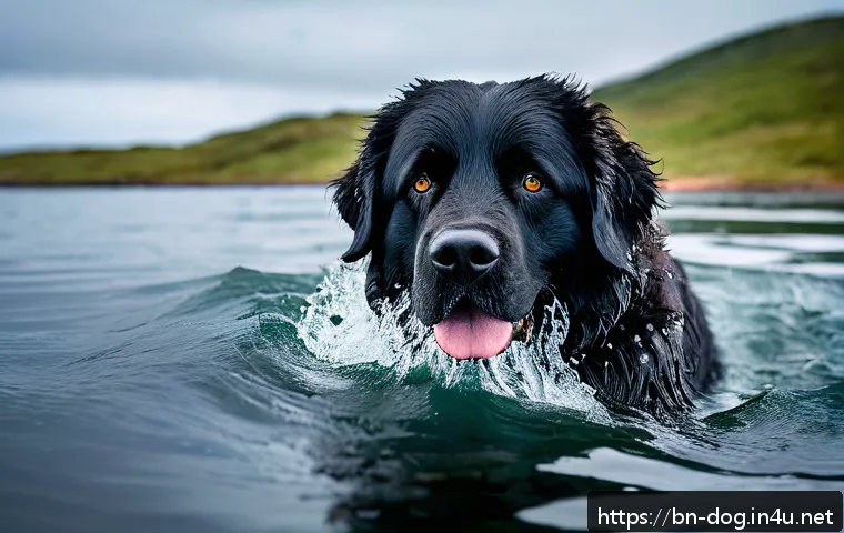 뉴펀들랜드 수영 능력 - A majestic Newfoundland dog swimming powerfully in cold, clear water, showcasing its large webbed pa...