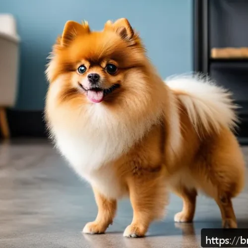 Home 17 포메라니안 성격 - A brave and confident small Pomeranian dog standing boldly in front of a much larger dog, showcasing...