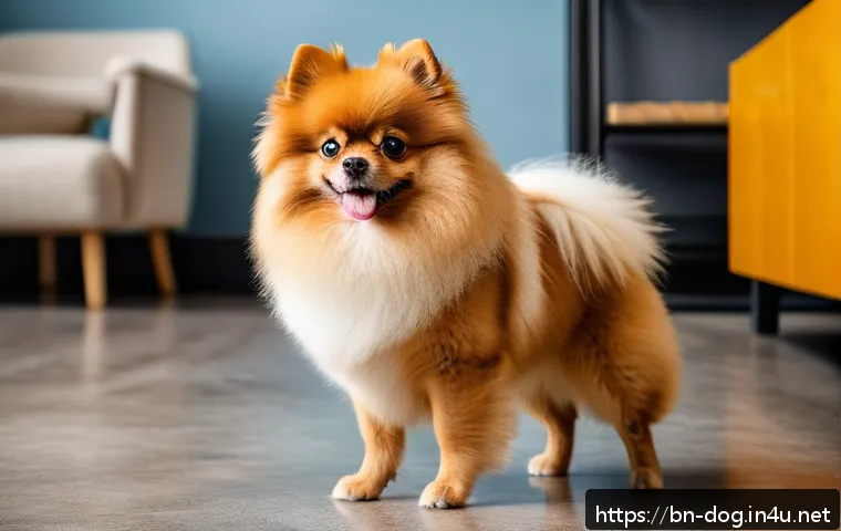 포메라니안 성격 - A brave and confident small Pomeranian dog standing boldly in front of a much larger dog, showcasing...