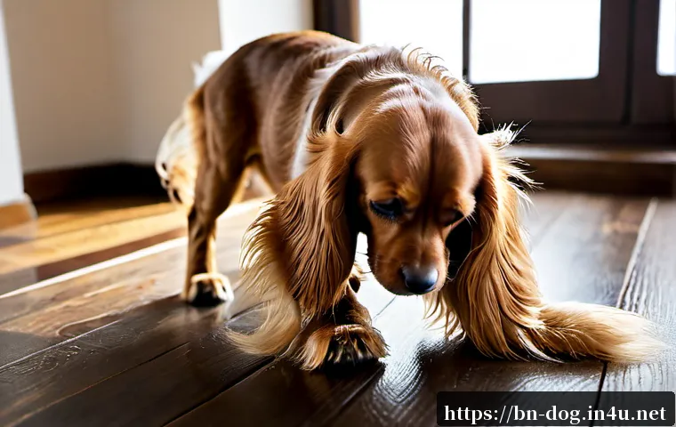 코카 스파니엘 털 빠짐 - Photorealistic close-up of a gentle Cocker Spaniel being brushed on a clean wooden floor, loose gold...