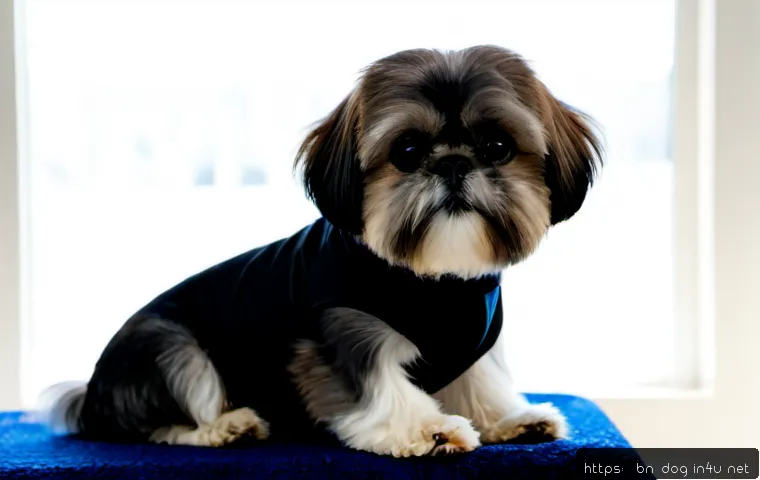 시추 털 커트 스타일 - Photorealistic Shih Tzu with a neat teddy bear haircut, rounded face, softly trimmed ears, fluffy le...