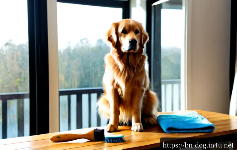 Home 17 강아지 털 관리 제품 추천 - Photorealistic grooming product comparison scene for dog coat care, a fluffy golden retriever sittin...