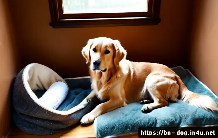 강아지 출산 준비 - Photorealistic cozy home preparation for a pregnant mother dog, a calm golden retriever resting besi...