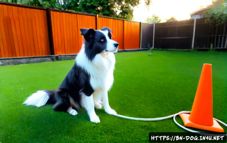 보더콜리 훈련 팁 - Photorealistic Border Collie training session in a sunny backyard, attentive black-and-white dog sit...